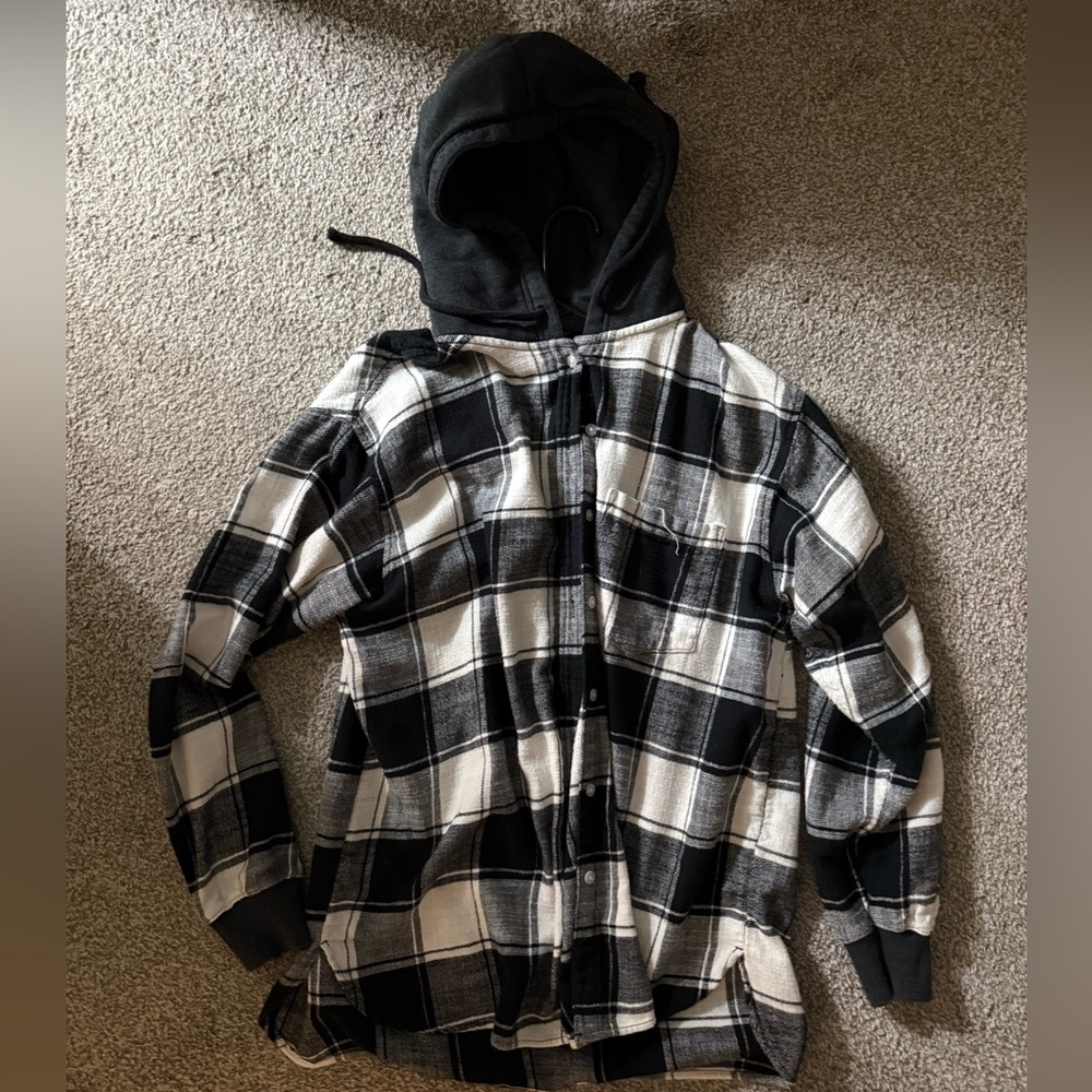 American Eagle Outfitters Gray and White Hooded Shirt